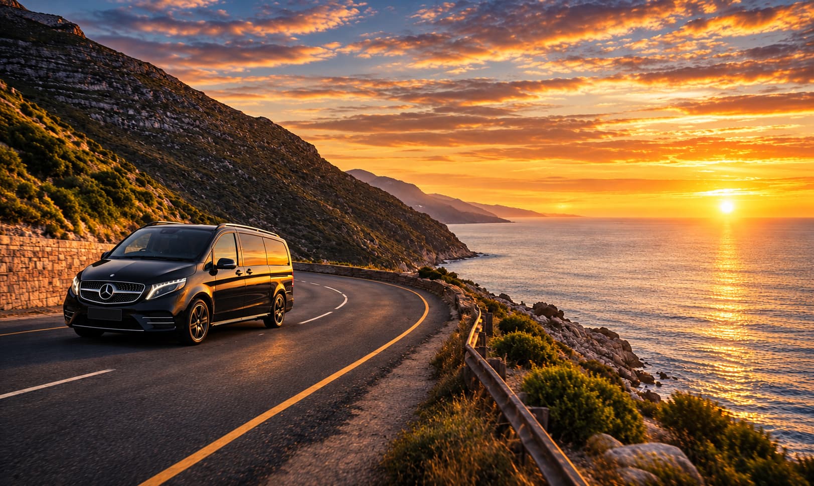 A black Mercedes V-Class passenger van on a coastal mountain road at sunset, with the sea beside the road.